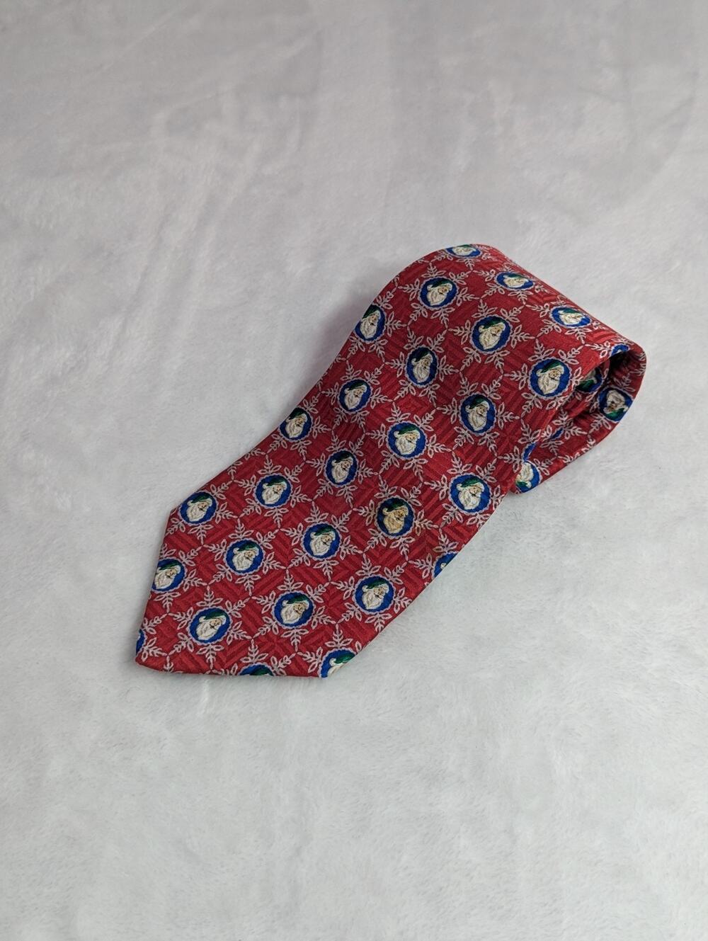 Vintage FN Christmas Tie 100% Silk Santa Claus Snowflake Red Holiday Novelty Tie